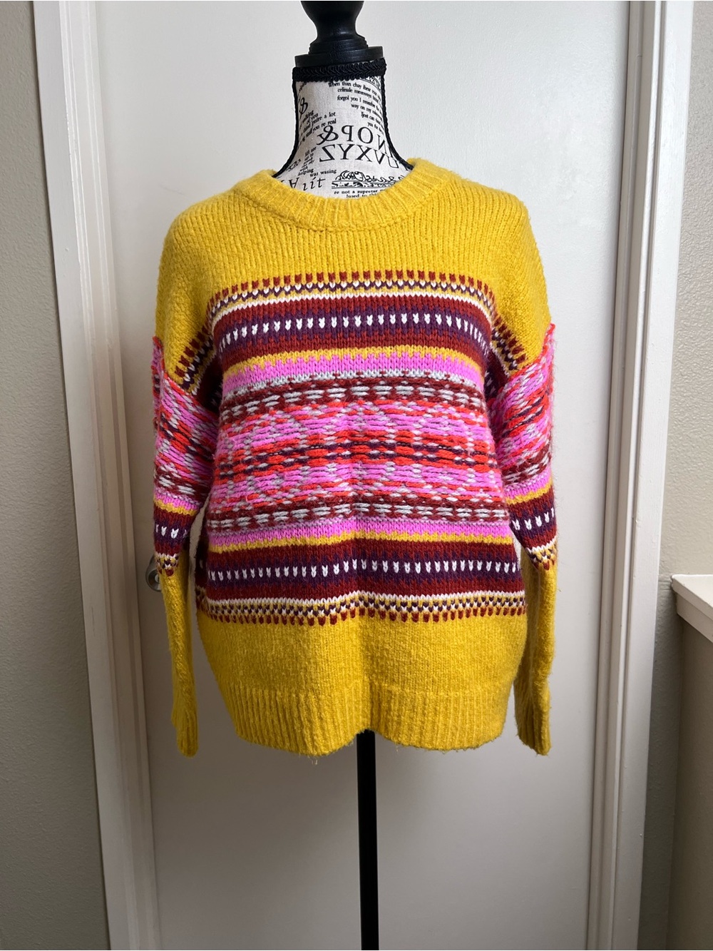 Scandinavian Fair Isle Mustard Yellow Colorful Knit Sweater S Autumn winter